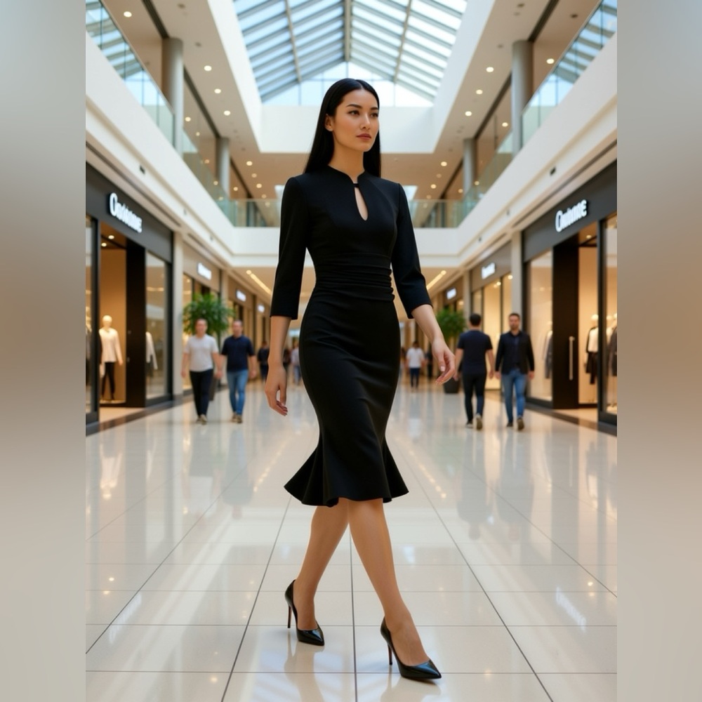 Elegant Black Midi Sheath Dress with Keyhole Neckline